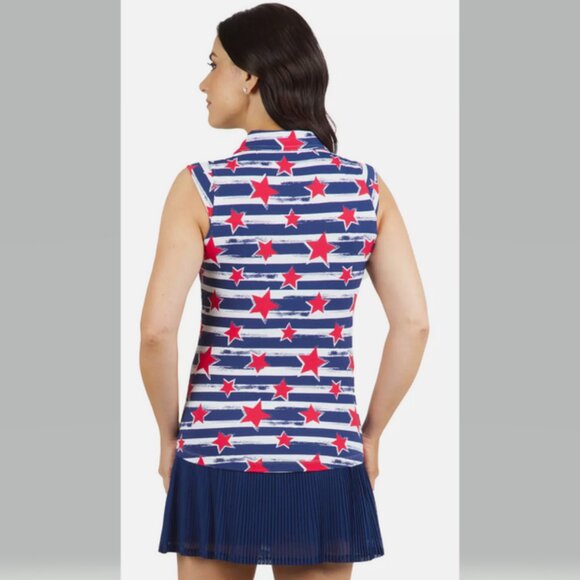 Ibkul Americana ll Sleeveless Zip Polo Golf Top Red Navy Stars Stripes XXL NWT - Picture 2 of 10